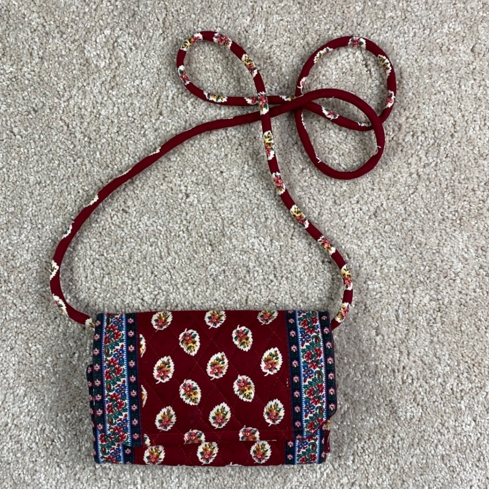 Vera Bradley Burgundy Red Floral Quilted Cotton Crossbody Wallet Bag ID Holder